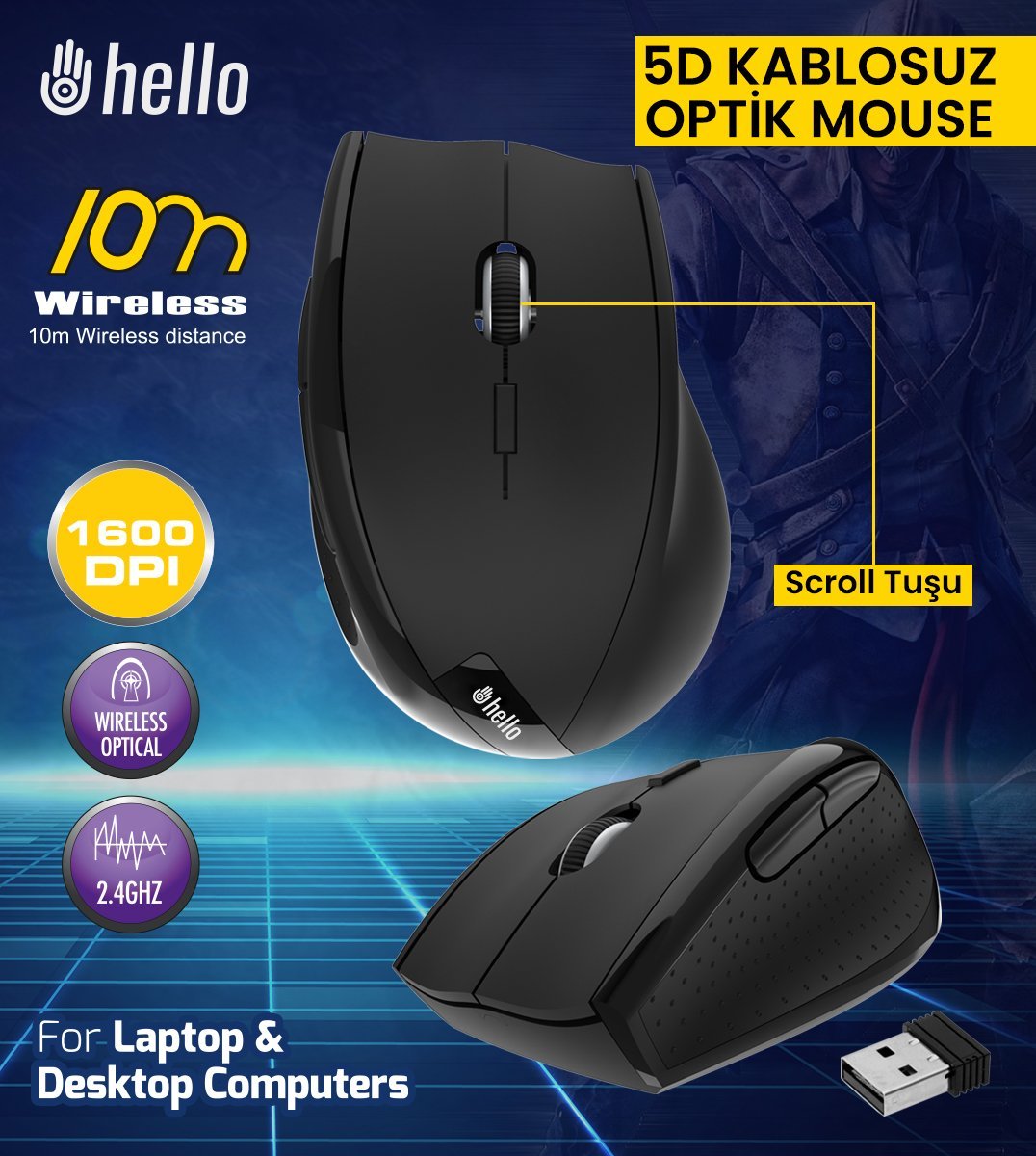 Hello HL-4704 2.4GHZ 1600DPI 5D Kablosuz Optik Oyuncu Mouse