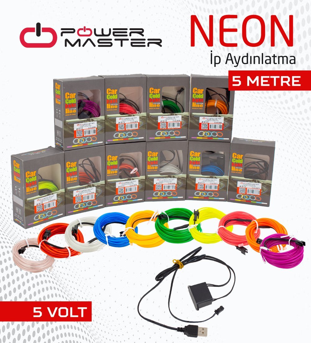 Powermaster 5 Metre 5 Volt USB Adaptörlü Neon İp Aydınlatma 