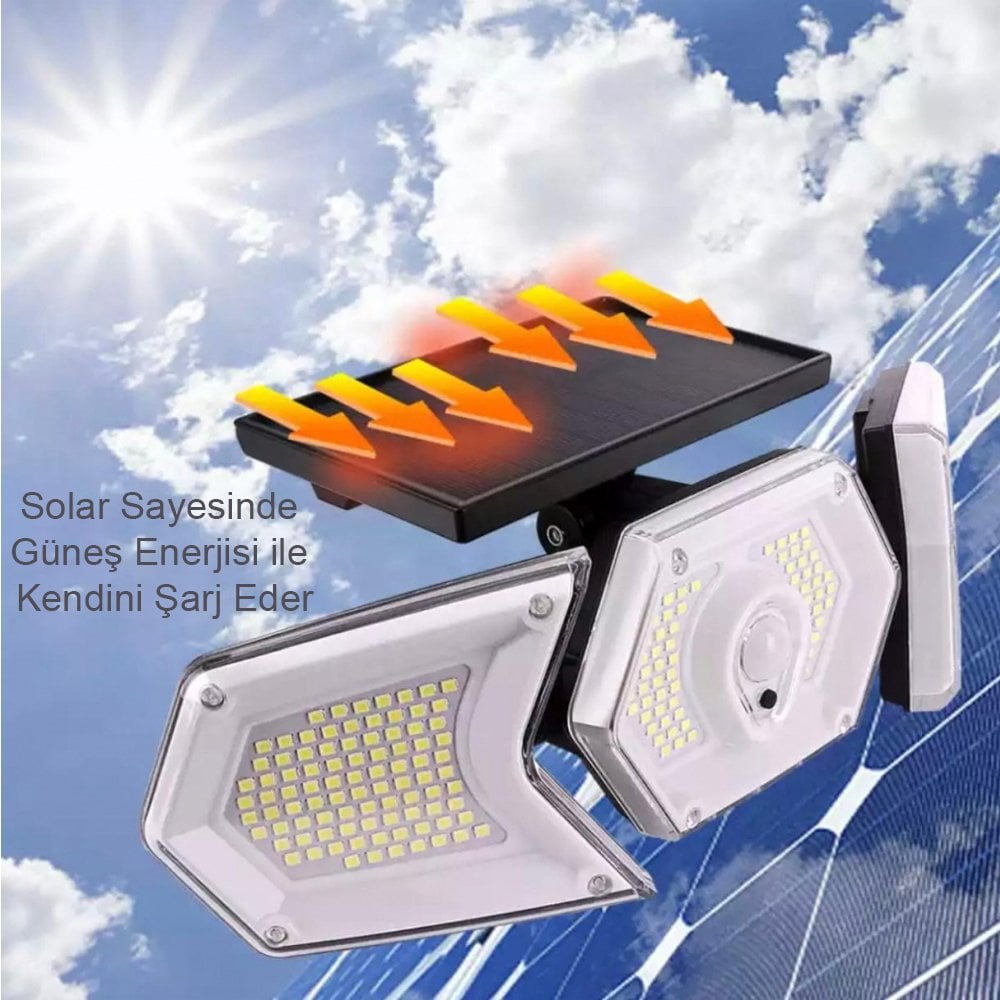 Powermaster Solar Güneş Enerjili Geniş Açılı Çift Kanatlı 254 SMD Ledli 3 Modlu Beyaz İndüksiyon Lambası W774A