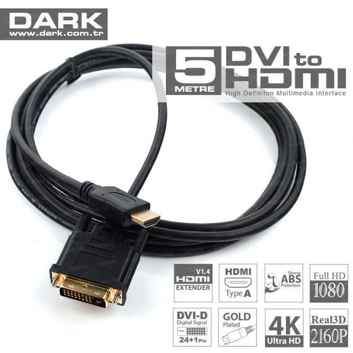 DARK DK-CB-DVIXHDMIL500 5m DVI-HDMI Çift Yönlü Görüntü Kablosu