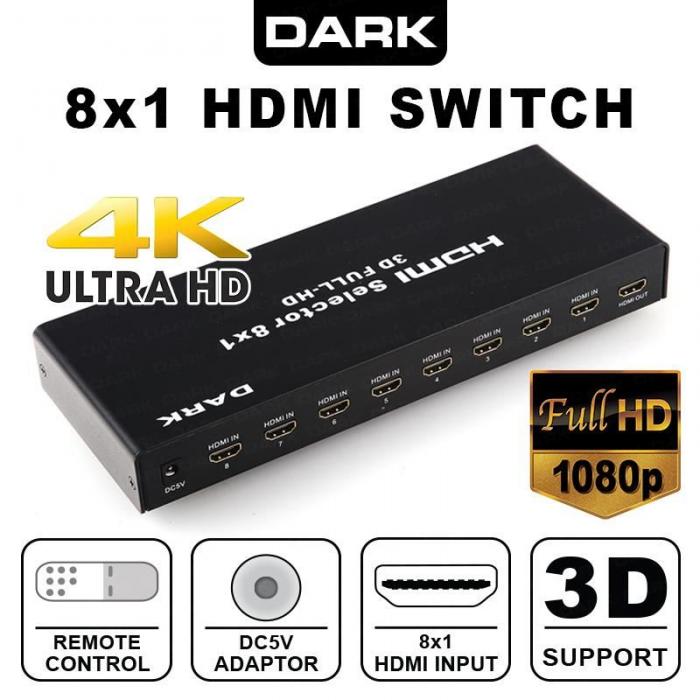 DARK DK-HD-SW8X1 8 Giriş 1 Çıkış Uzaktan Kumandalı HDMI Switch Çoklayıcı