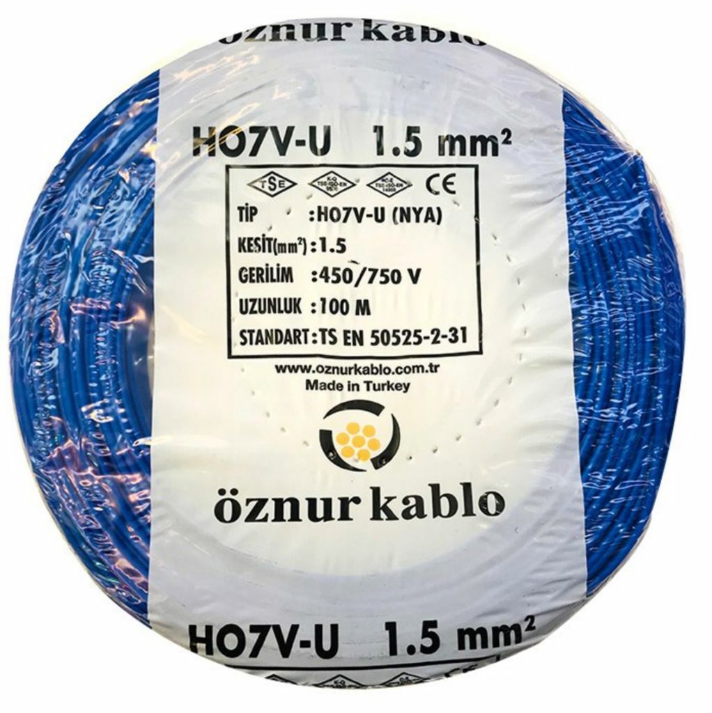 Öznur Kablo 1,5 mm Nya Tek Damarlı Bakır Elektrik Kablosu Mavi 100 Metre
