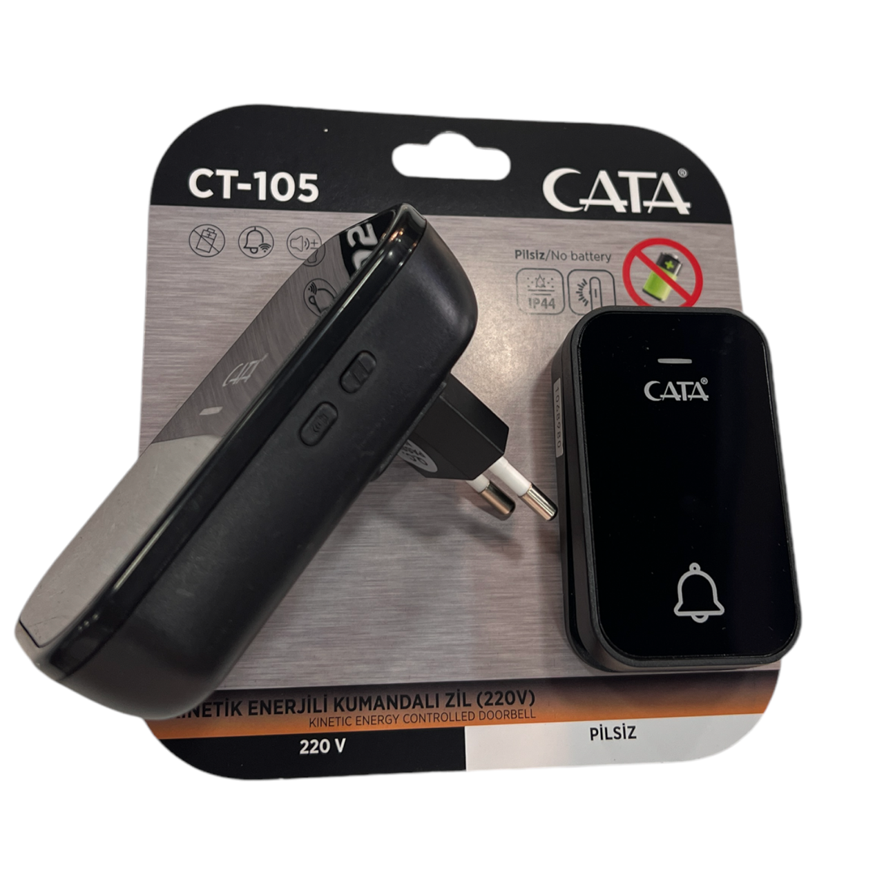 Cata Kinetik Enerjili Led Işıklı Kablosuz Uzaktan Kumandalı Kapı Zili Siyah 220V CT-105