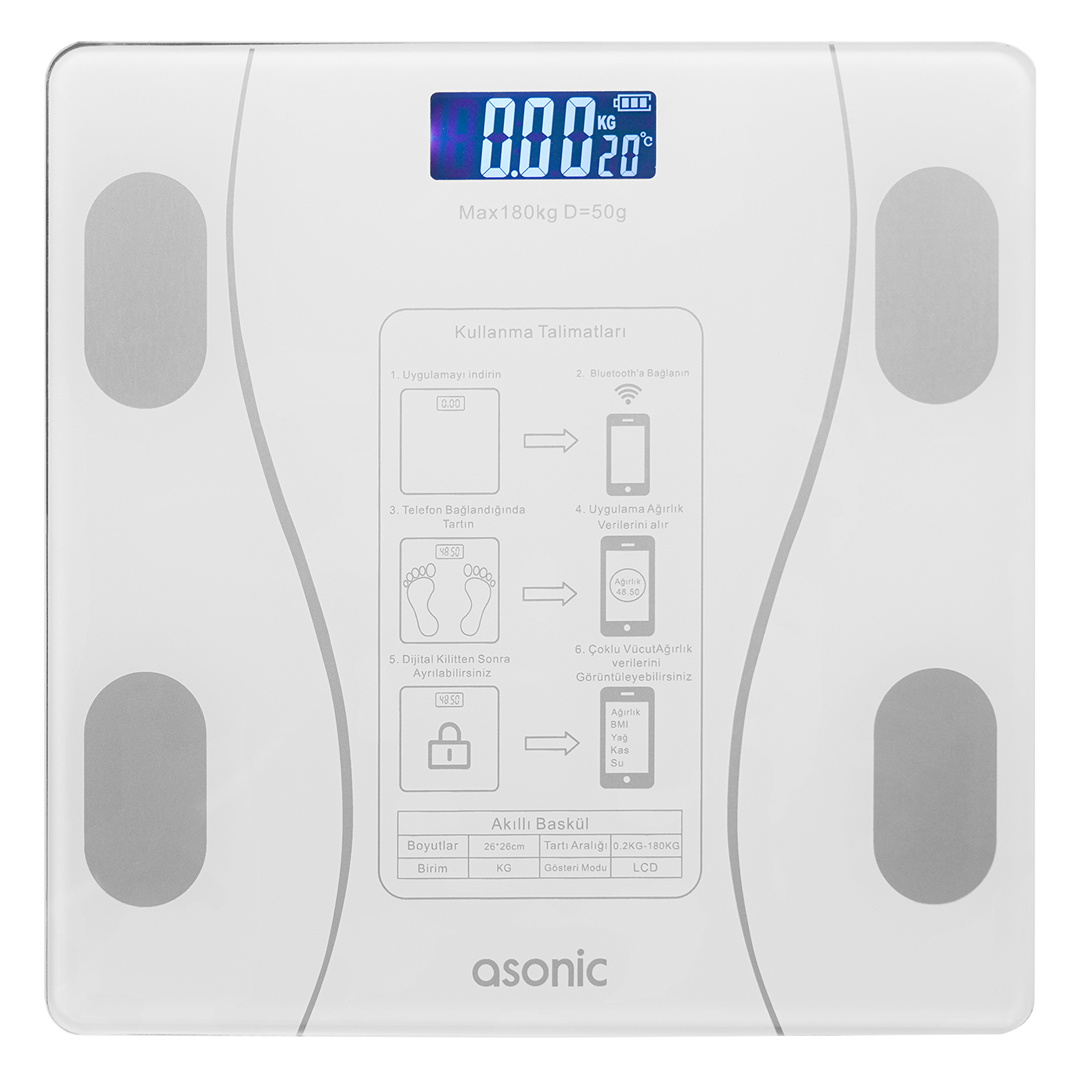ASONIC BS260 260*260MM 2*AAA PİL HEDİYELİ BEYAZ DİJİTAL BLUETOOTH BASKÜL