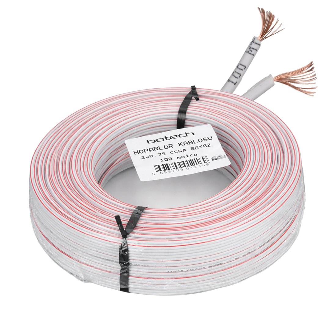 BOTECH 2X0.75 CCAM 48 TEL BEYAZ KIRMIZI KODLU 100 METRE CCA HOPARLÖR KABLOSU 2X(24*0.16MM)
