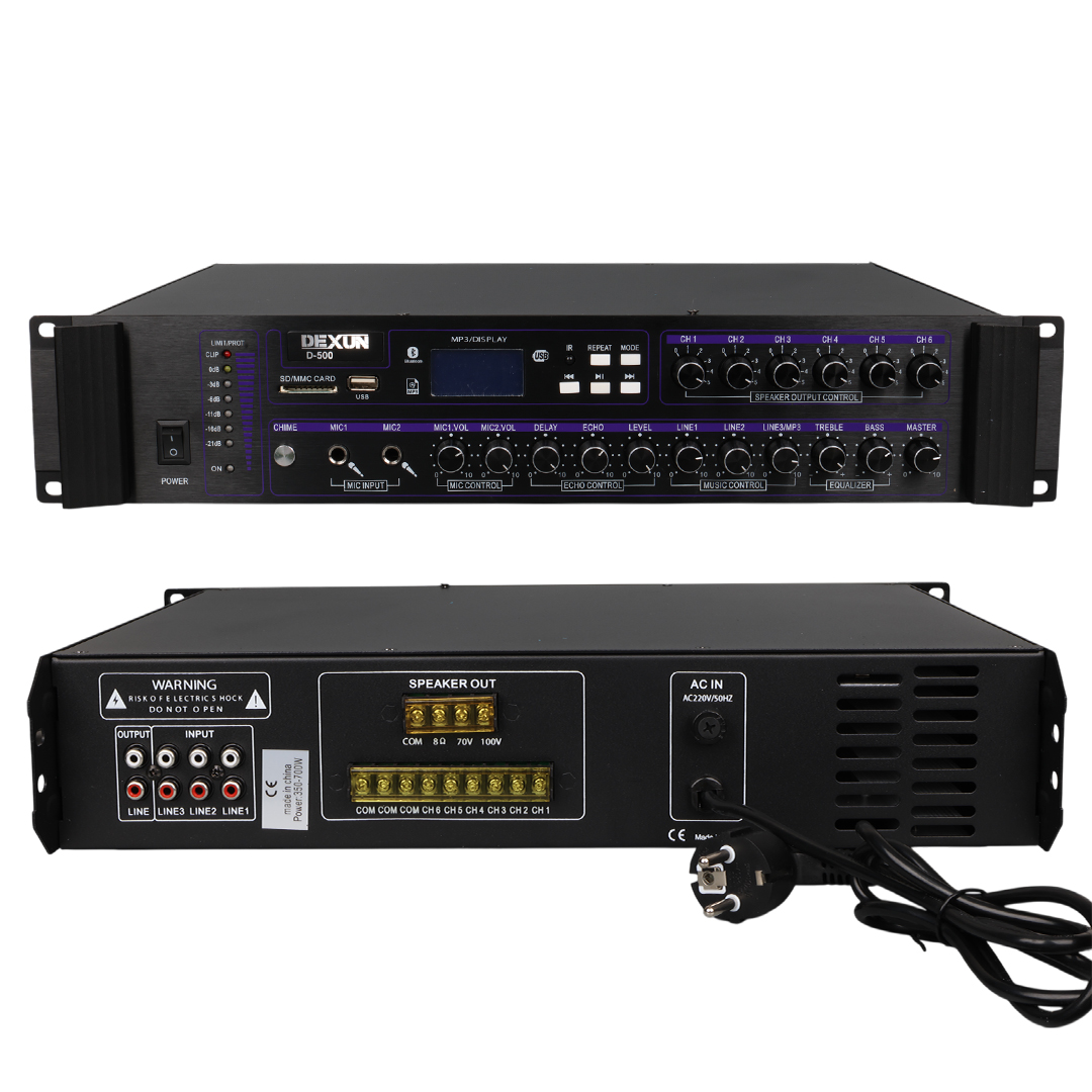 DEXUN D-500 350-700 W 100V/70V/4-16 OHM USB/SD/BT 6 BÖLGELİ 2 MİK 3 AUX GİRİŞLİ TRAFOLU MIXER ANFİ