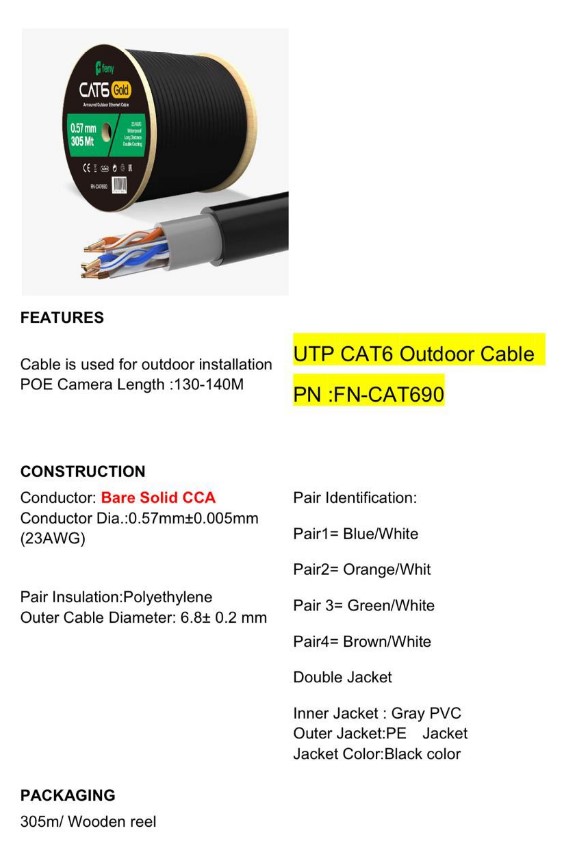 FENY FN-CAT690 305 METRE 23 AWG 0.57MM DIŞ MEKAN CAT6 UTP KABLO