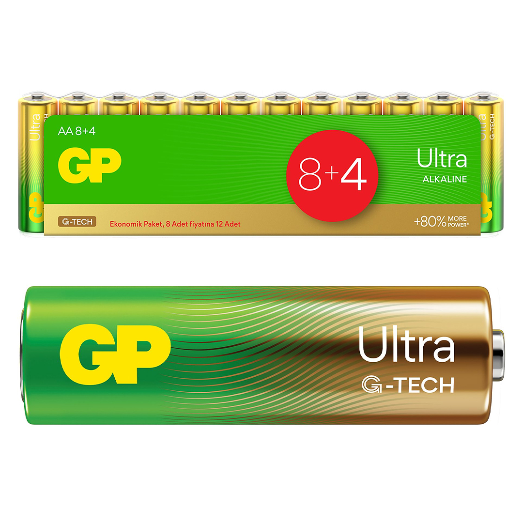 GP G-TECH 8+4 12Lİ PAKET AA ALKALİN KALEM PİL (8 ADET FİYATINA 12 ADET PİL)