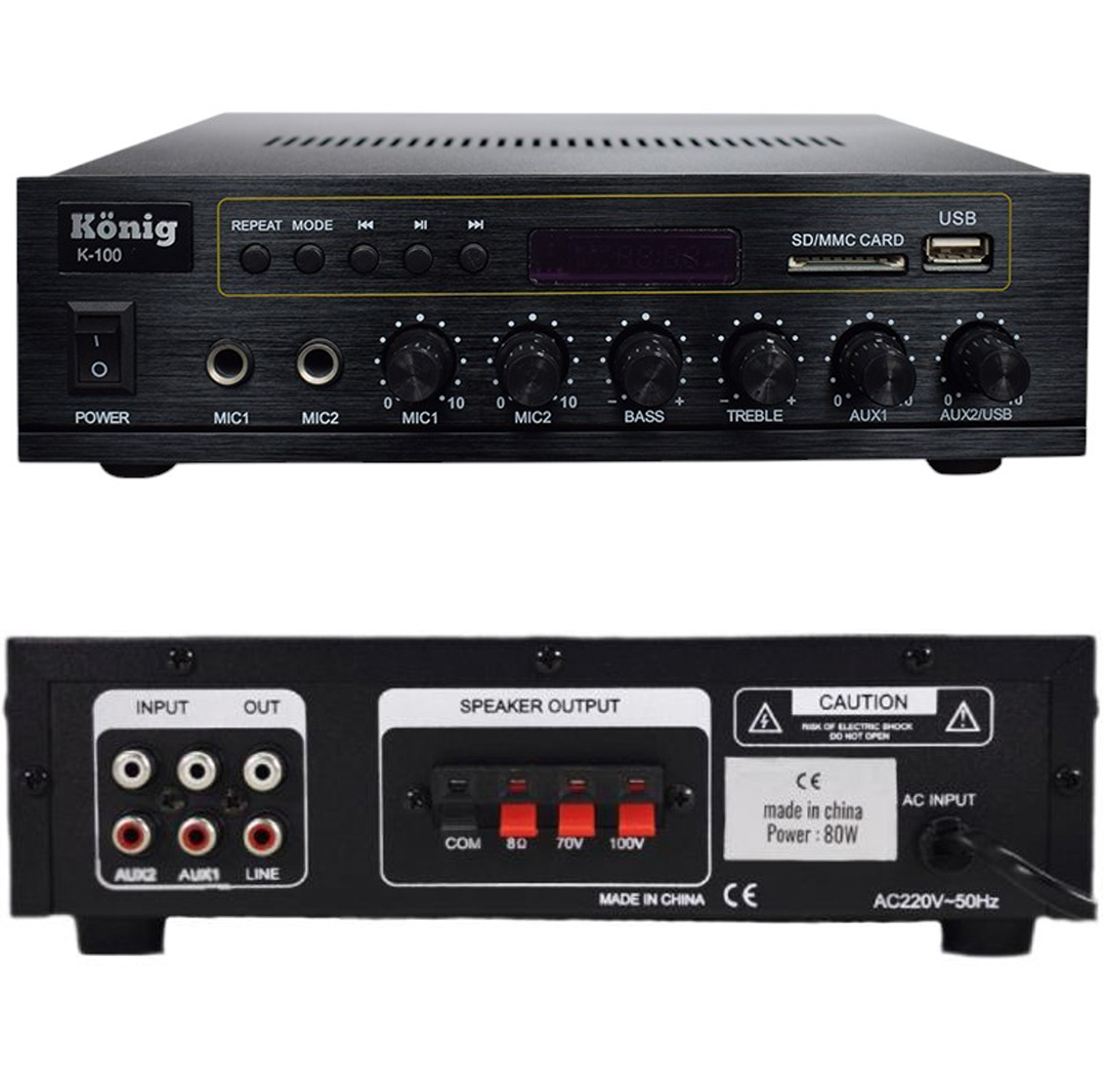KÖNİG K-100 USB-BLUETOOTH DESTEKLİ 2 MİK. GİRİŞ 8 OHM 100/70V 80 WATT TRAFOLU ANFİ