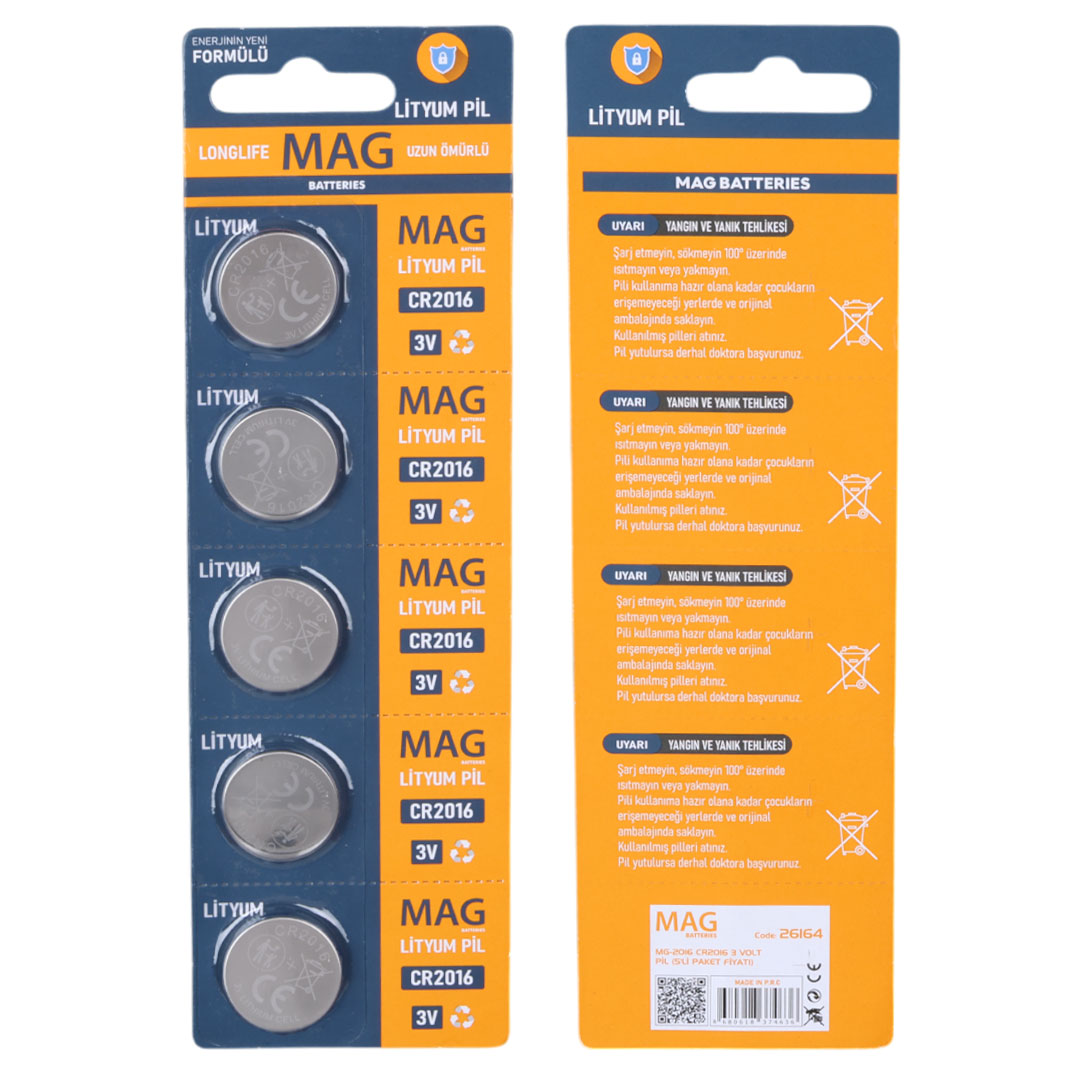 MAG BATTERIES MG-2016 CR2016 3 VOLT PİL (5'Lİ BLİSTER PAKET FİYATI)