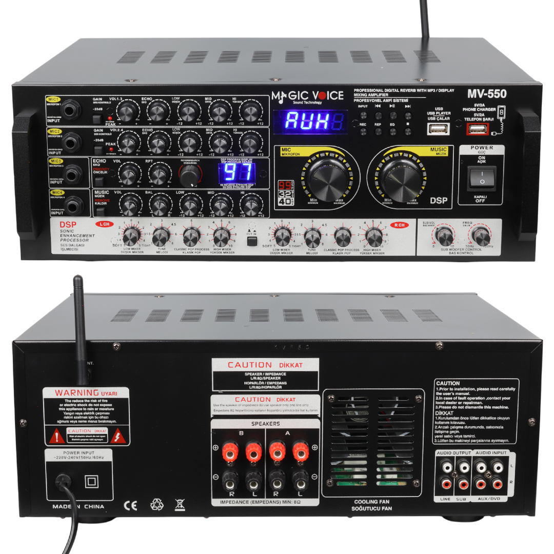 MAGICVOICE MV-550 2X100 WATT MAX 400 W USB/UK BALANS BT 4 MİK. GİRİŞLİ 4 HOPARLÖR ÇIKIŞLI STREO TRAFOSUZ MIXER KÜP ANFİ
