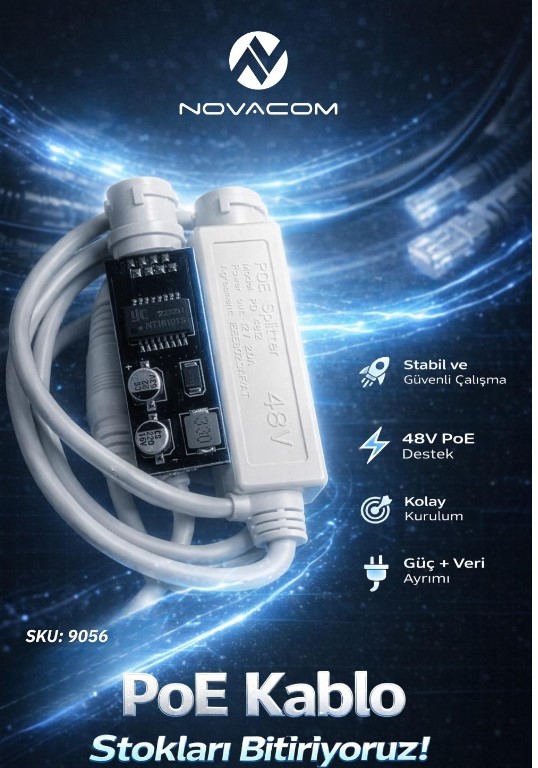 NOVACOM 9056 48V - 12V 2 AMPER PD4812 IP PoE KARTLI SPLITTER KAMERA KABLOSU (1,25-8Y/PH-2Y)