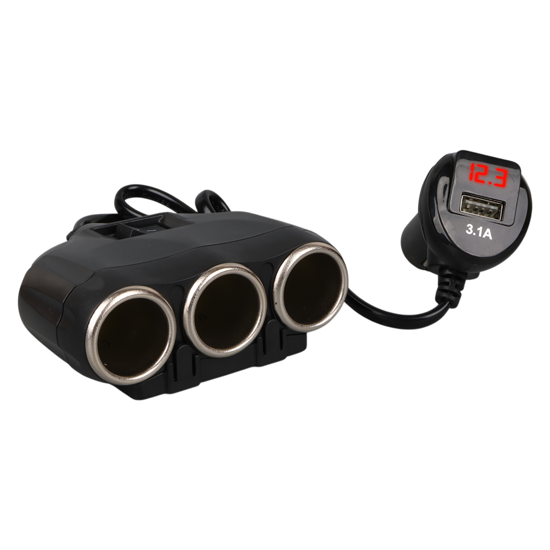 OLESSON 1634 12-24V TEK USB GİRİŞLİ 120W 80CM KABLOLU DİJİTAL EKRANLI 3'LÜ ARAÇ ÇAKMAK ÇOKLAYICI