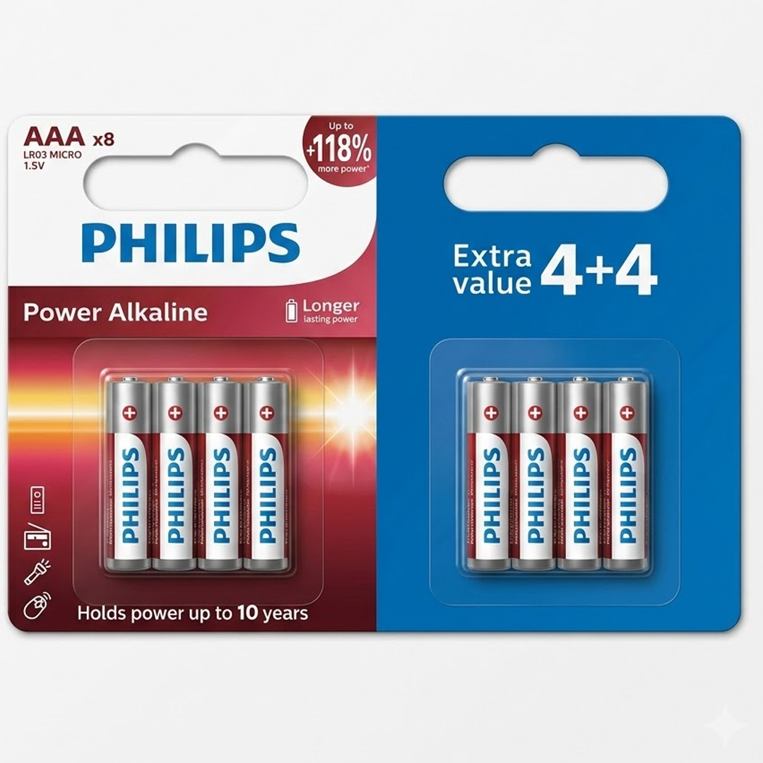 PHİLİPS LR03P8BP/10 POWER ALKALİN LR03 1.5V AAA İNCE (4+4) 8'Lİ PAKET PİL