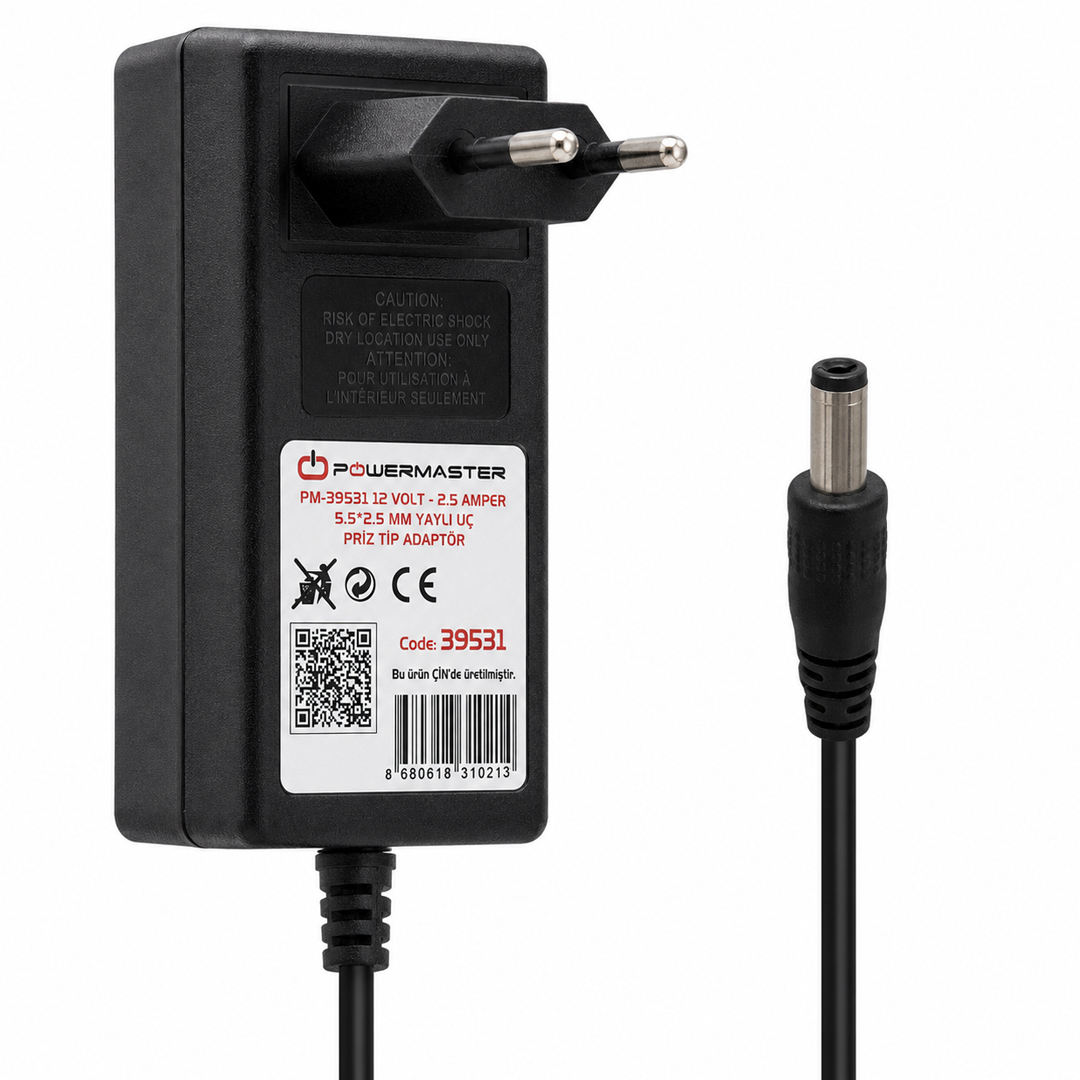 POWERMASTER 12 VOLT - 2.5 AMPER 5.5*2.5 MM YAYLI UÇ PLASTİK KASA PRİZ TİPİ ADAPTÖR