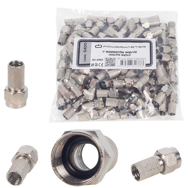 POWERMASTER 1.KALİTE SİYAH CONTALI RG6/U6 22 MM F KONNEKTÖR (100'LÜ POŞET)