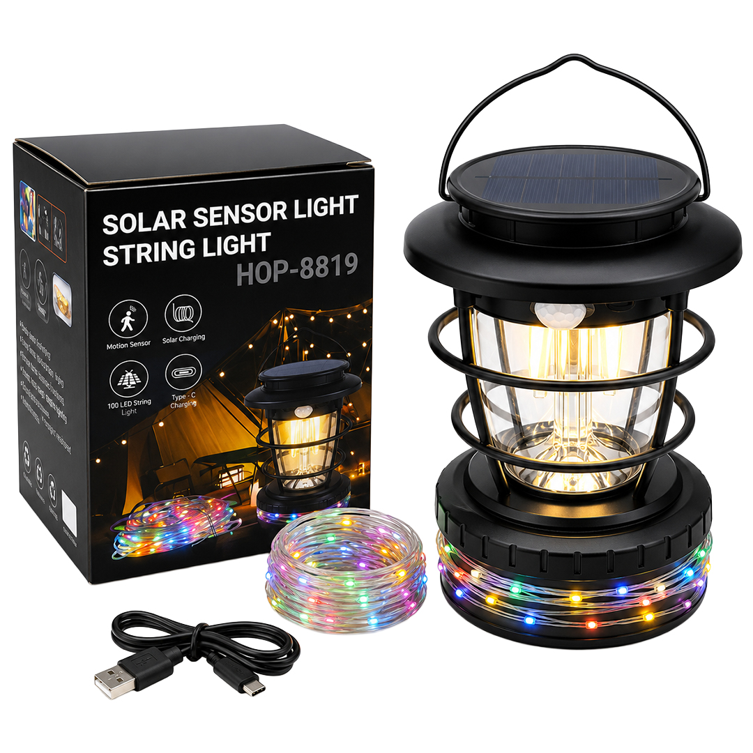 POWERMASTER HOP-8819 SOLAR GÜNEŞ PANELLİ SENSÖRLÜ KAMP LAMBASI (FİLAMENT + SMD + RGB ŞERİT)