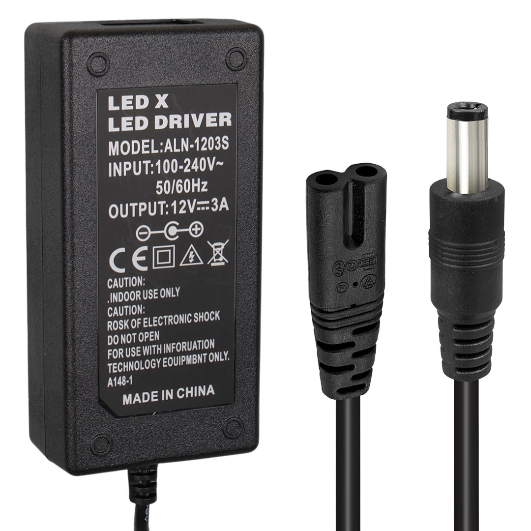 POWERMASTER LEDX ALN-1203S  12 VOLT - 3 AMPER - 36 WATT 5.5*2.5 MM UÇLU LEDLİ PLASTİK KASA MASAÜSTÜ ADAPTÖR