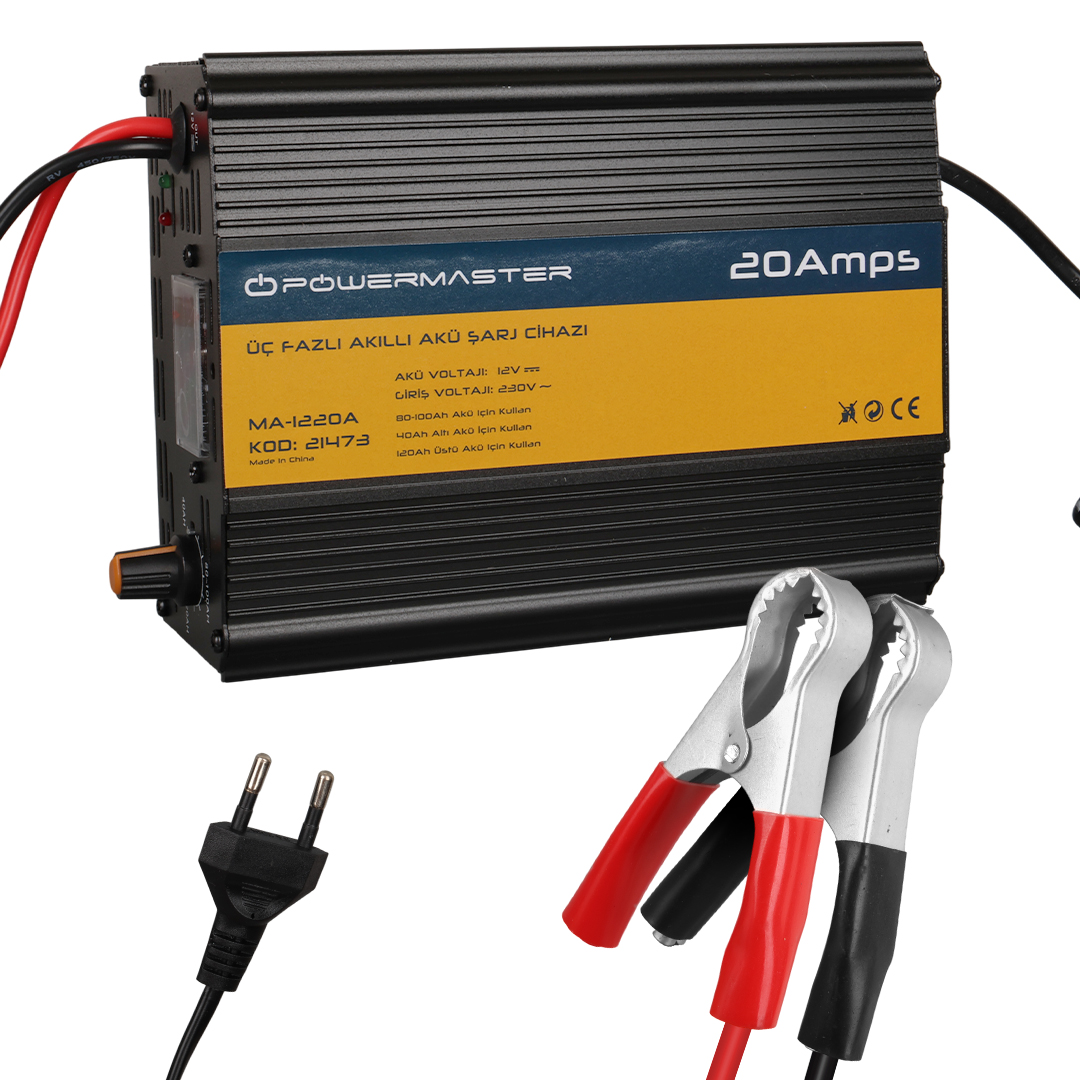 POWERMASTER MA-1220A 12 VOLT - 20 AMPER AKILLI KURU - ASİT - JEL AKÜ ŞARJ CİHAZI