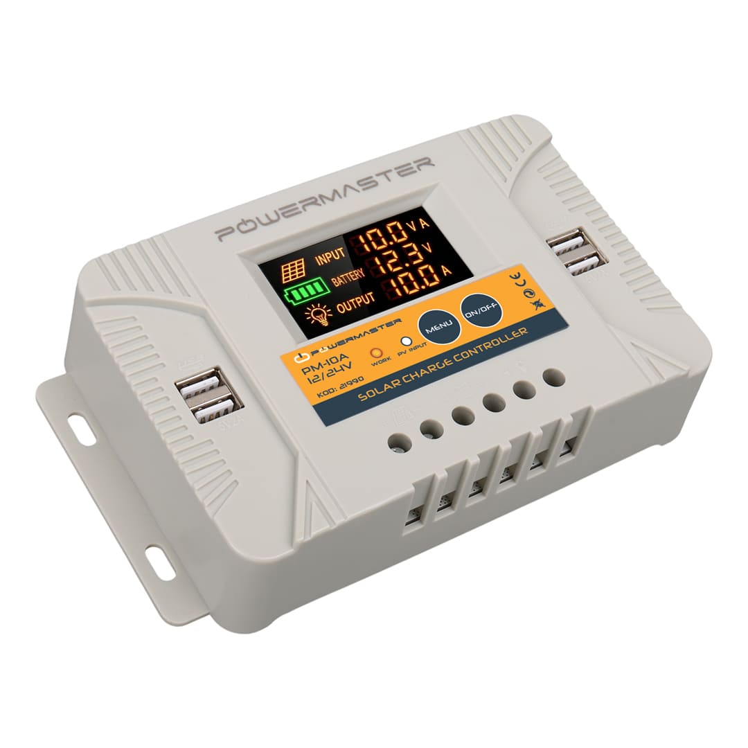 POWERMASTER PM-10A 12 VOLT - 24 VOLT - 10 AMPER 4 USB'Lİ DİJİTAL OTOMATİK SOLAR ŞARJ REGÜLATÖRÜ