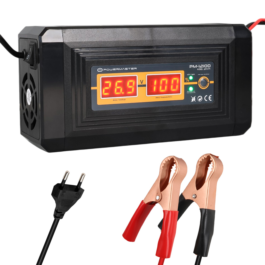 POWERMASTER PM-1210D 12 VOLT/24 VOLT - 10 AMPER DİGİTAL EKRANLI AKILLI KURU - ASİT - JEL AKÜ ŞARJ CİHAZI