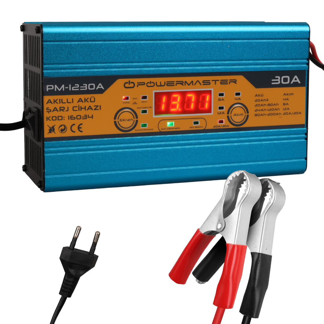 POWERMASTER PM-1230 12 VOLT MAX 30 AMPER LCD EKRANLI KURU - ASİT - JEL AKÜ ŞARJ CİHAZI