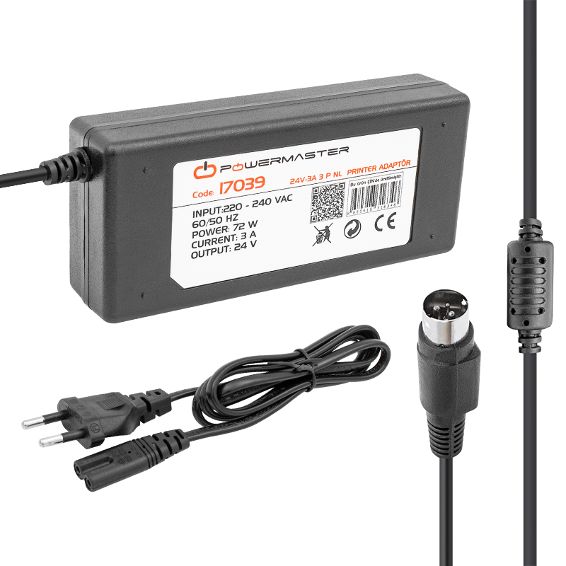 POWERMASTER PM-17039 24 VOLT - 3 AMPER - 72 WATT 3 PİNLİ PLASTİK KASA MASAÜSTÜ PRINTER ADAPTÖR