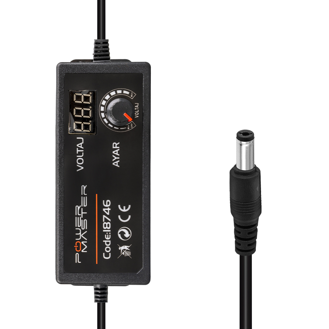 POWERMASTER PM-18746 12 VOLT - 24 VOLT - 5 AMPER ÇOK UÇLU DİJİTAL EKRANLI AYARLI KADEMELİ ADAPTÖR