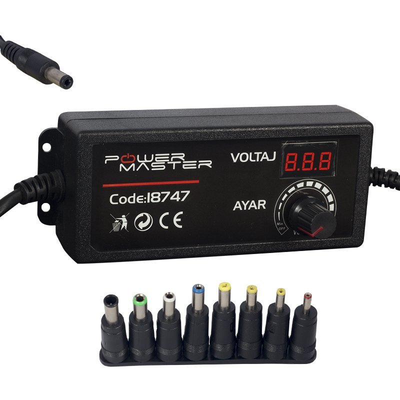 POWERMASTER PM-18747 12 VOLT - 24 VOLT - 5 AMPER ÇOK UÇLU DİJİTAL EKRANLI AYARLI KADEMELİ ADAPTÖR
