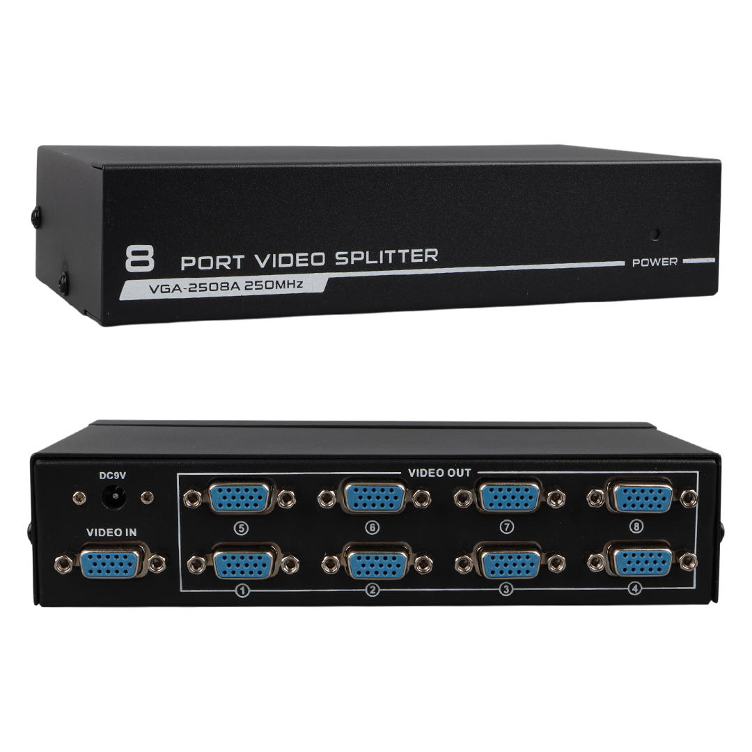 POWERMASTER PM-2553 8 PORT VGA DAĞITICI ÇOĞALTICI SPLİTTER 9 VOLT ADAPTÖRLÜ 1920X1440 250MHZ 180X93X40MM