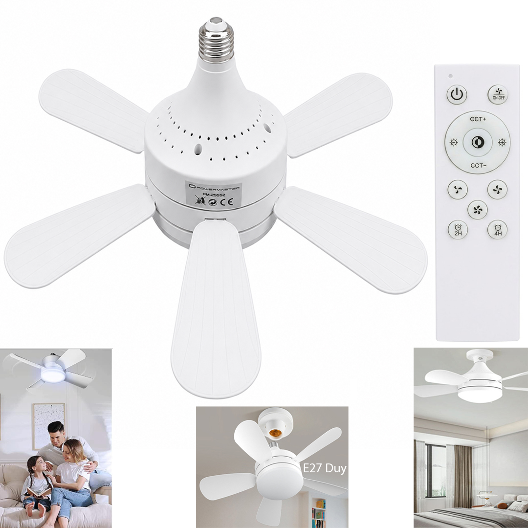 POWERMASTER PM-25552 KUMANDALI 0.5W 3 HIZ KADEME E27 2000 LÜMEN 3 RENK IŞIKLI LEDLİ TAVAN VANTİLATÖR