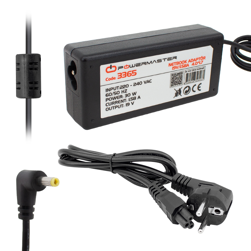POWERMASTER PM-3365 19V 1.58A 30W 4.0X1.7MM UÇLU NETBOOK ŞARJ ADAPTÖRÜ