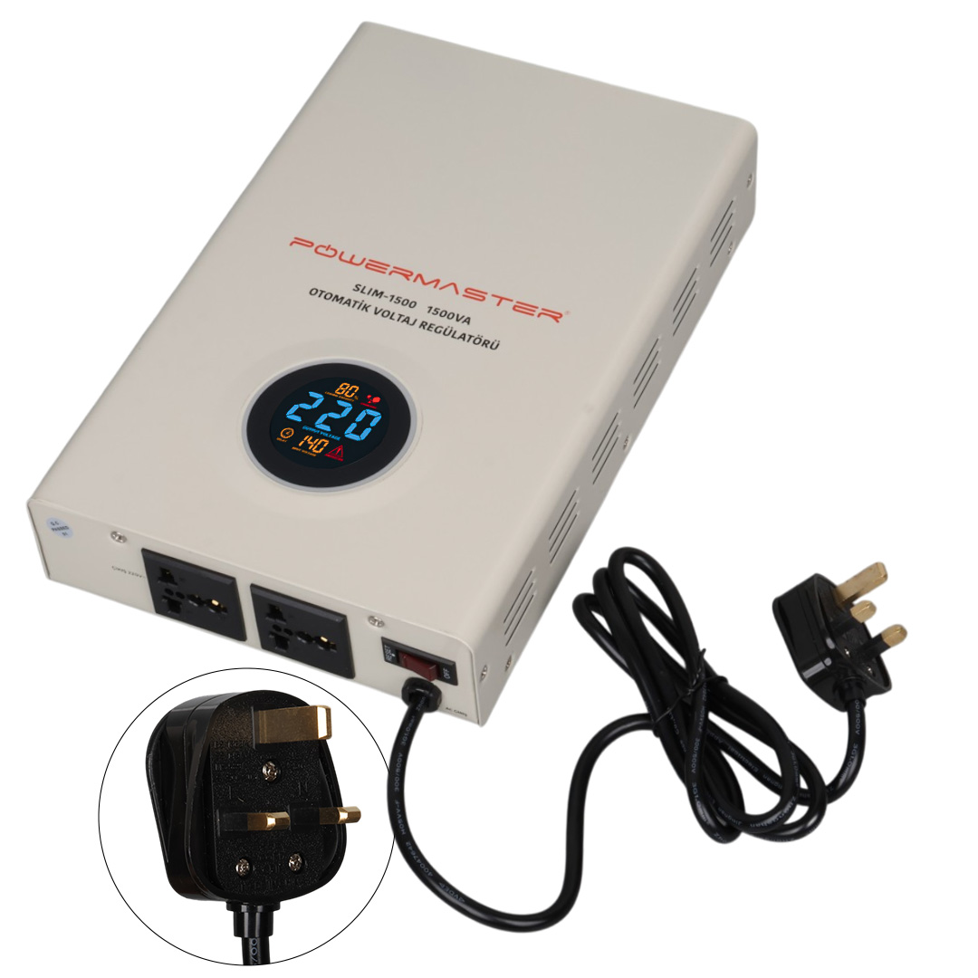 POWERMASTER SLIM-1500 OTOMATİK 1500 WATT KOMBİ VOLTAJ REGÜLATÖRÜ (İNGİLİZ SOKET)