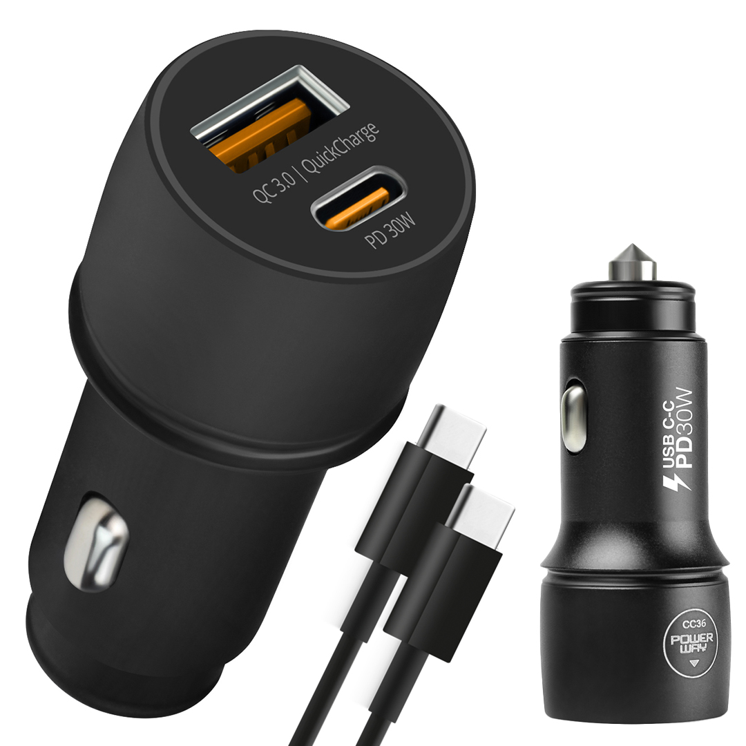 POWERWAY CC36 30W PD + QC 3.0 ÇİFT ÇIKIŞLI METAL ARAÇ ÇAKMAKLIK HIZLI ŞARJ KABLOLU SET