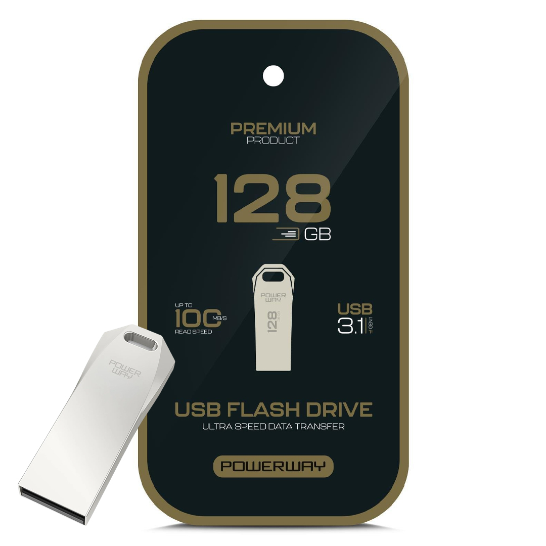 POWERWAY PREMİUM 128 GB 100MB/S ULTRA HIZLI 3.1 USB METAL SİLVER FLASH BELLEK