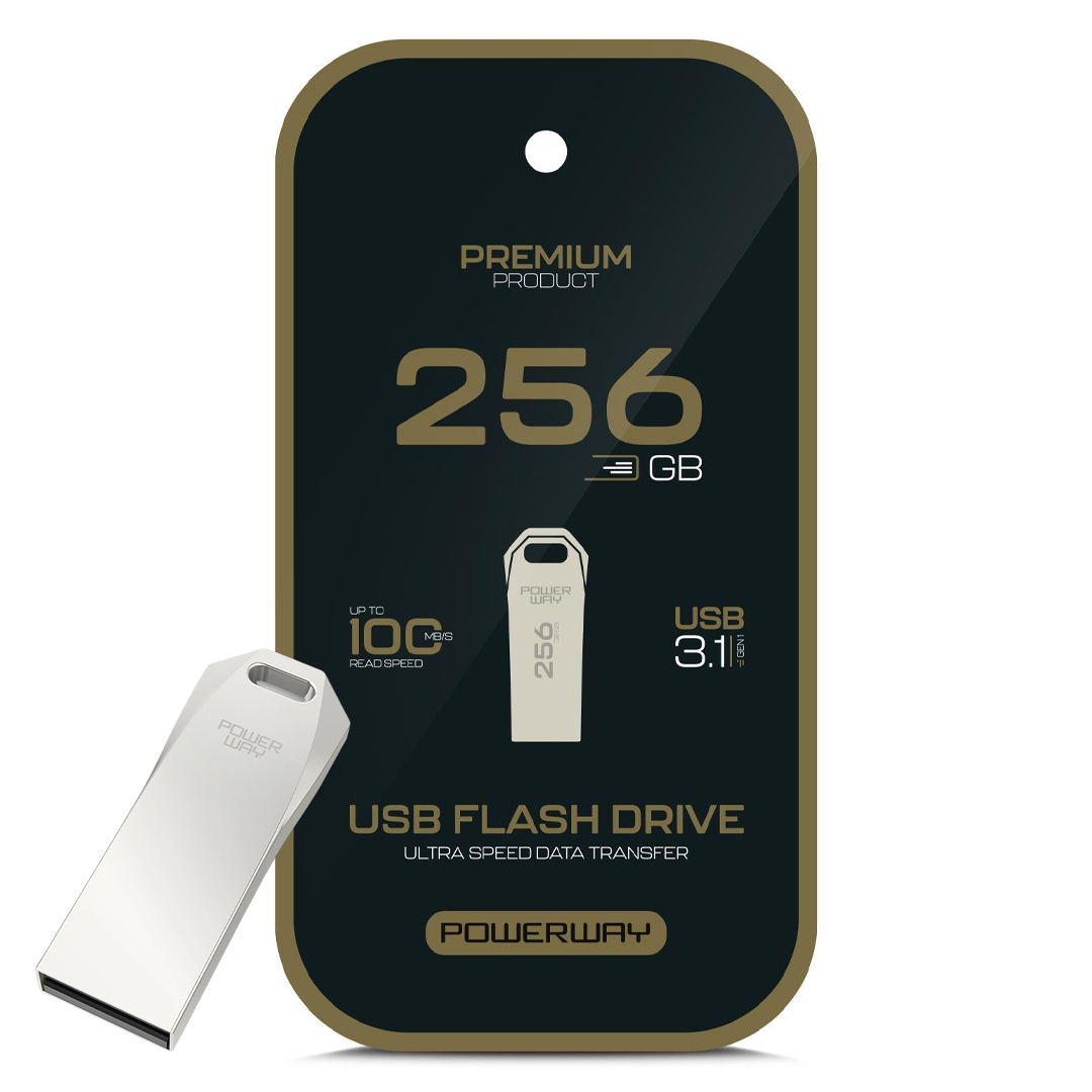 POWERWAY PREMİUM 256 GB 100MB/S ULTRA HIZLI 3.1 USB METAL SİLVER FLASH BELLEK