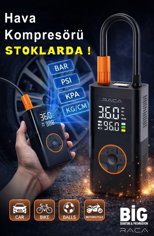 RACA DİJİTAL EKRANLI ARAÇ, LASTİK, TOP, BİSİKLET ŞİŞİRME TAŞINABİLİR HAVA KOMPRESÖRÜ