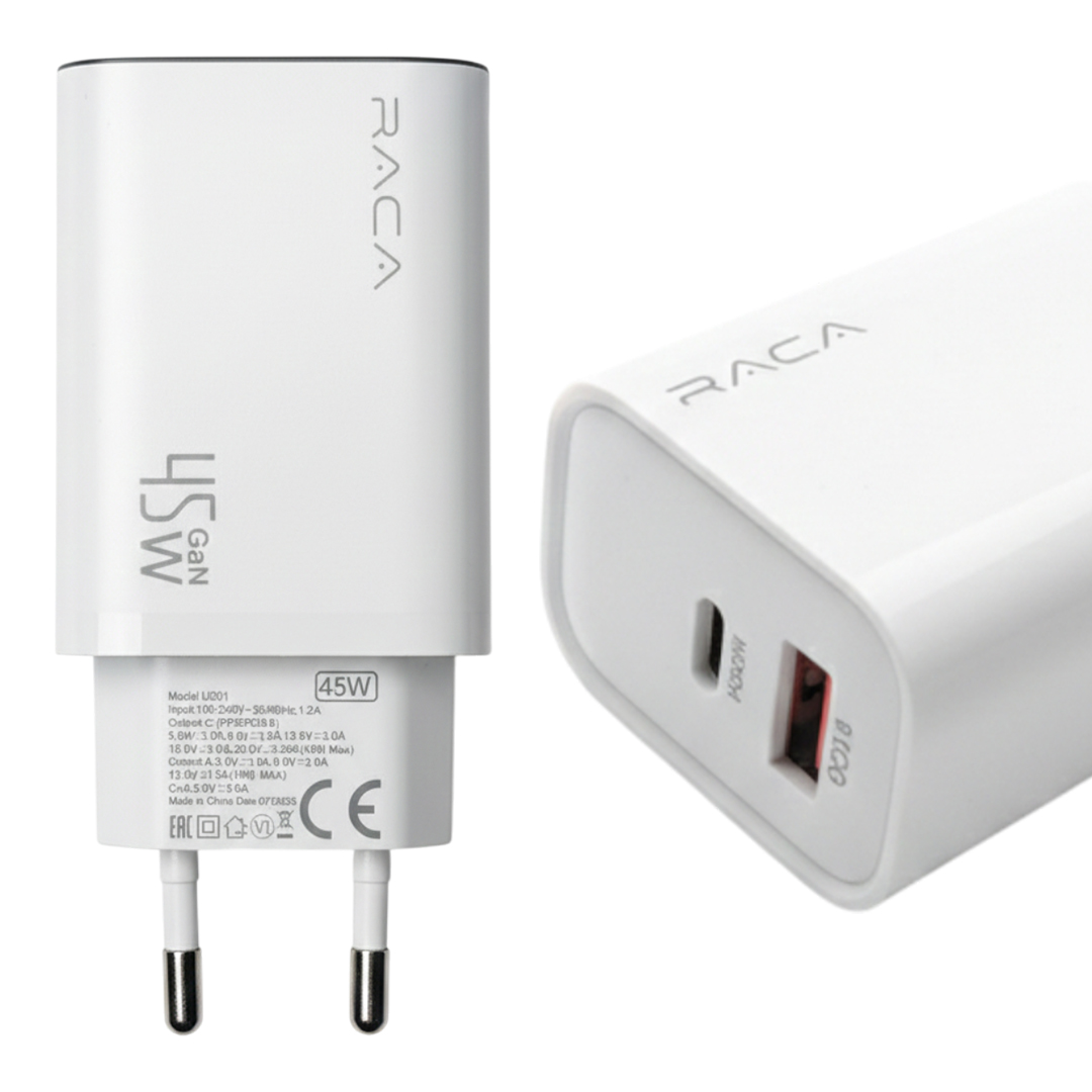 RACA U201 GAN 45 WATT (TYPE-C PD + USB QC) HIZLI ŞARJ ADAPTÖRÜ - BEYAZ