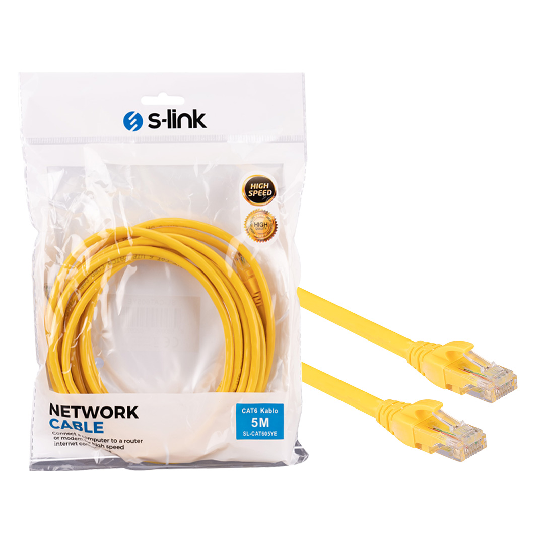 S-LİNK SL-CAT605YE SARI CAT6 5 METRE RJ45 PATCH NETWORK ETHERNET İNTERNET KABLOSU