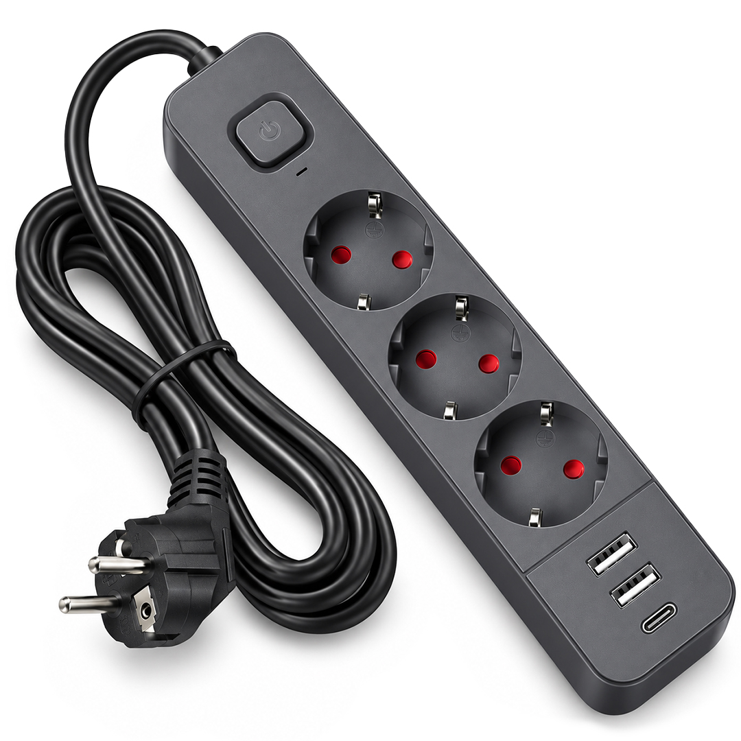 S-LINK SPG03U 2USB+1TYPE C 5V2.4A 3X1.0MM BAKIR 1.5M KABLO 750JOULE 3LÜ ANAHTARLI SİYAH AKIM KORUMALI PRİZ