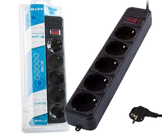 S-LINK SPG3-J-5 306 JOULE 5'Lİ 1.5 METRE KABLOLU SİYAH AKIM KORUMALI PRİZ
