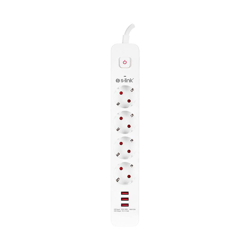 S-LINK SPG403U 4'LÜ 1.5 METRE KABLOLU 750 JOULE 3X5 VOLT - 2.4 AMPER USB'Lİ ANAHTARLI AKIM KORUMALI PRİZ