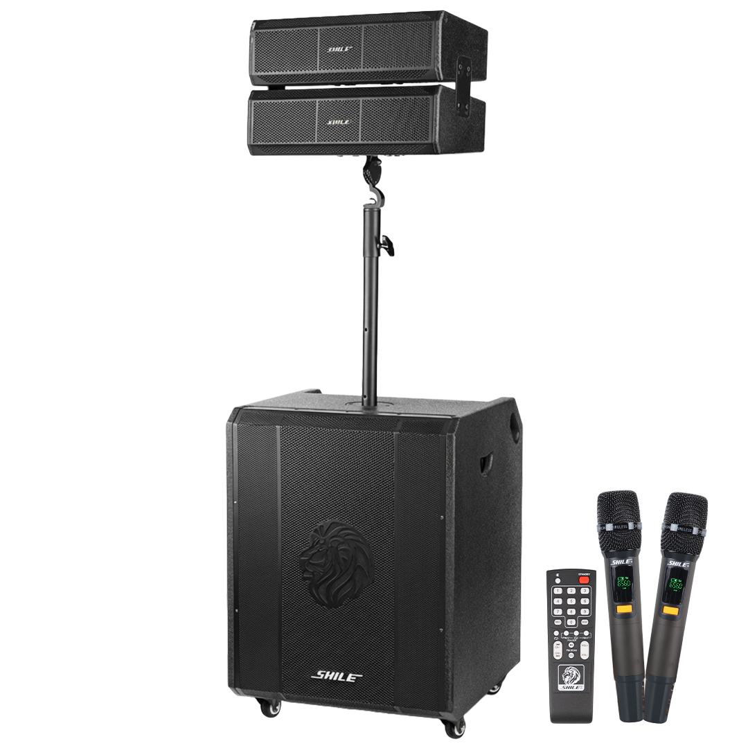 SHİLE SL-9 400W AKTİF KULE SES SİSTEMİ 2 ADET KABLOSUZ MİKROFONLU TEKERLEKLİ MDF KASA BLUETOOTH/TWS/DSP DESTEKLİ PA SETİ