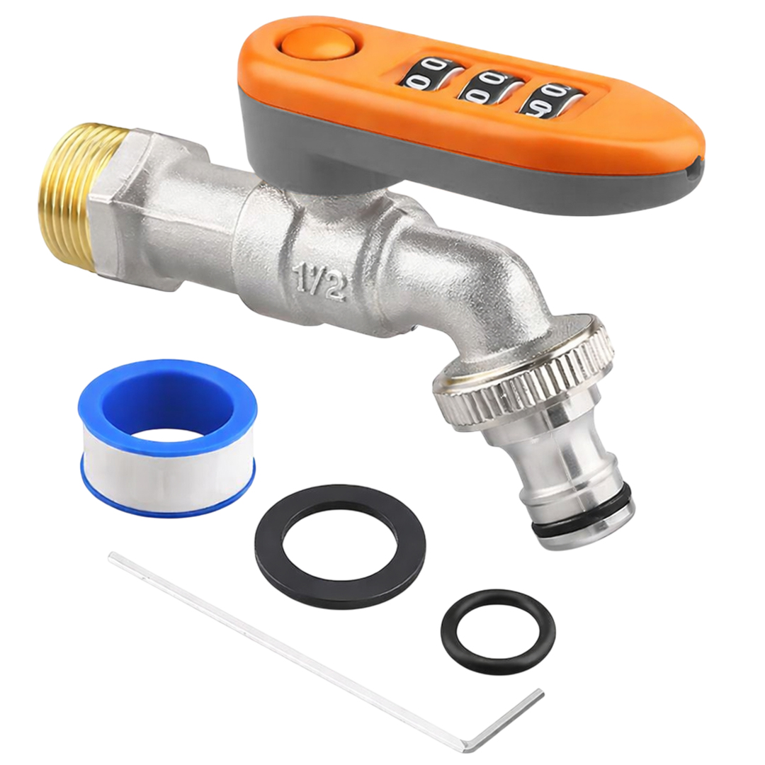 SUNUP SN-29268 3 HANELİ ŞİFRELİ KİLİTLİ BAHÇE MUSLUĞU 1/2" DIŞ MEKAN SU VANASI HORTUM BAĞLANTI SETİ