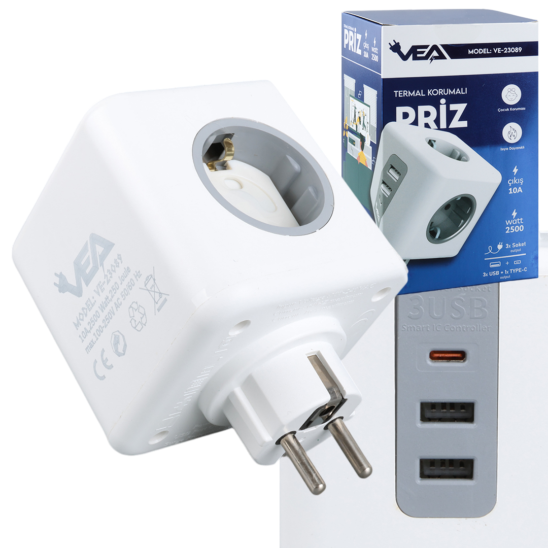 VEA VE-23089 3'LÜ 2X USB 1X TYPE-C ÇOCUK VE TERMAL KORUMALI GRUP PRİZ