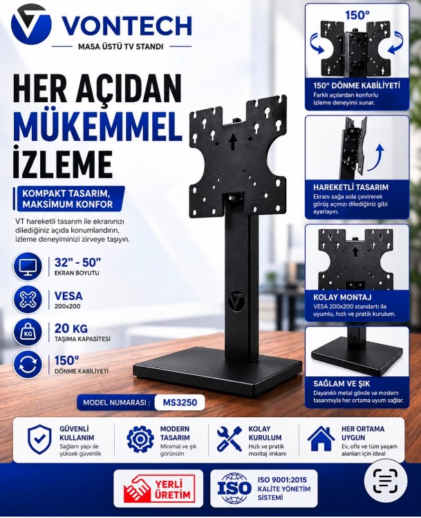 VONTECH MS3250 32'' - 50'' MASAÜSTÜ 150° DÖNER BAŞLIKLI TV ASKI APARATI
