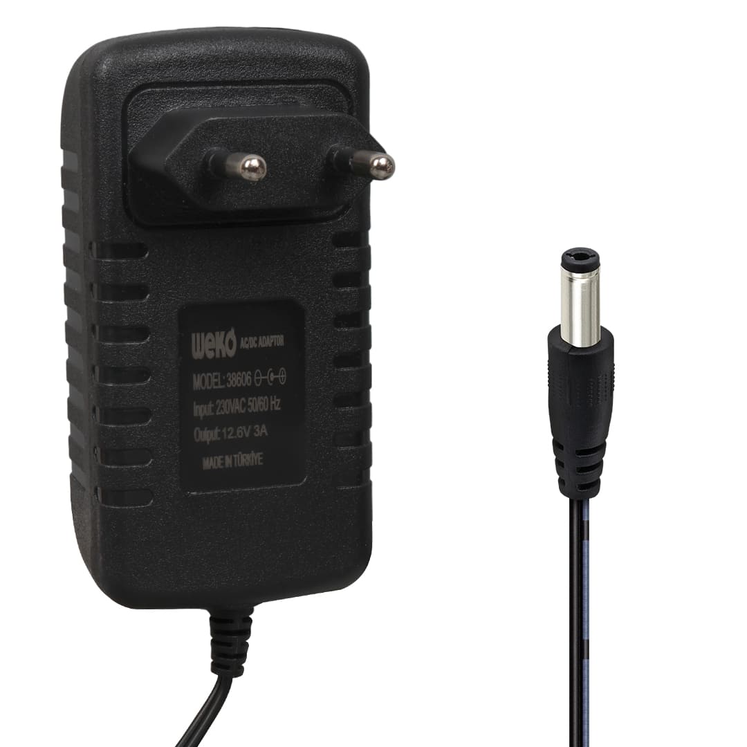 WEKO 12.6 VOLT - 3 AMPER 5.5*2.5 UÇLU LEDLİ YERLİ ÜRETİM PRİZ TİPİ ŞARJ ADAPTÖRÜ (OUT:12V3A)