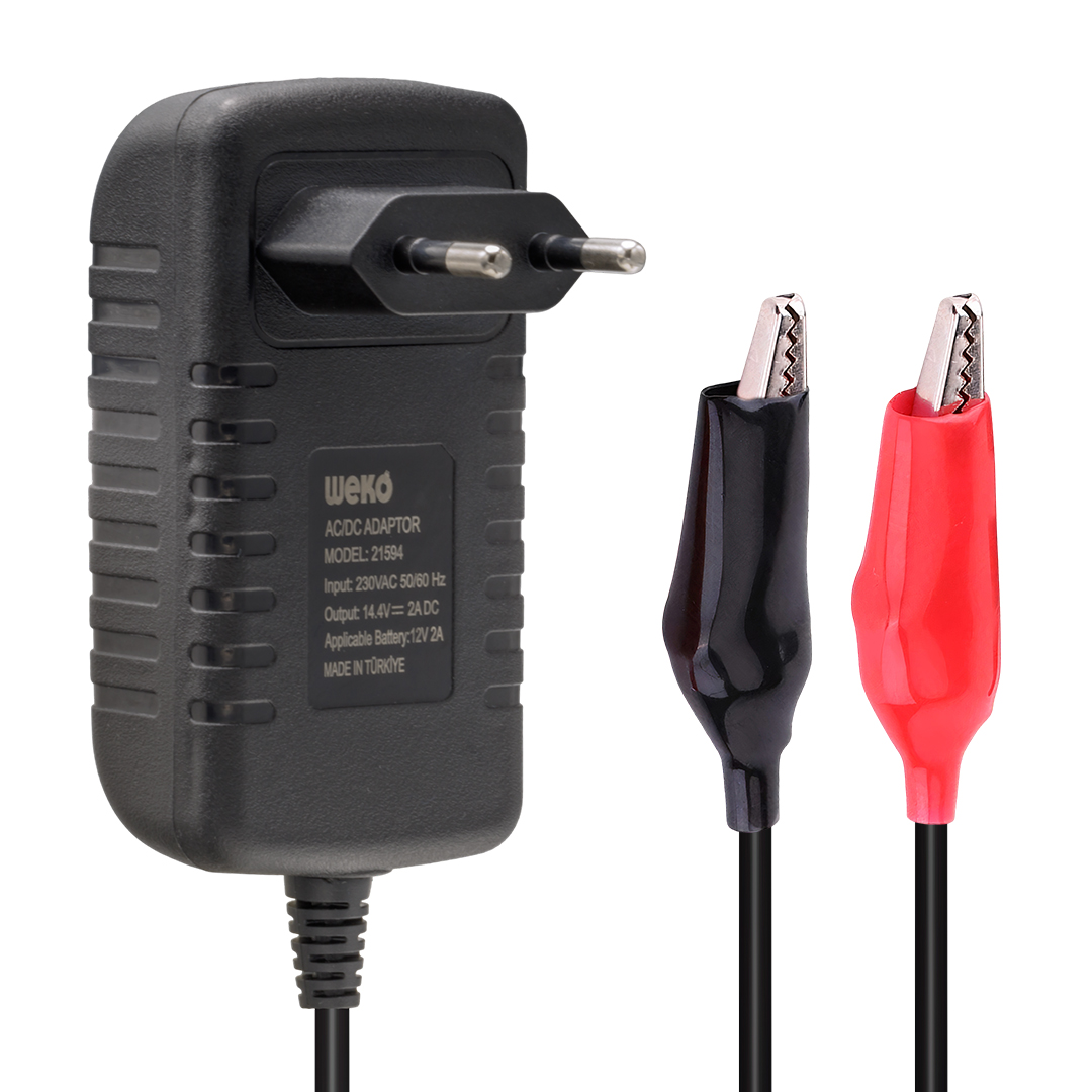 WEKO 14.4 VOLT - 2 AMPER KROKODİL UÇLU KIRMIZI YEŞİL LEDLİ YERLİ ÜRETİM AKÜ ŞARJ CİHAZI (OUT :12V-2A)