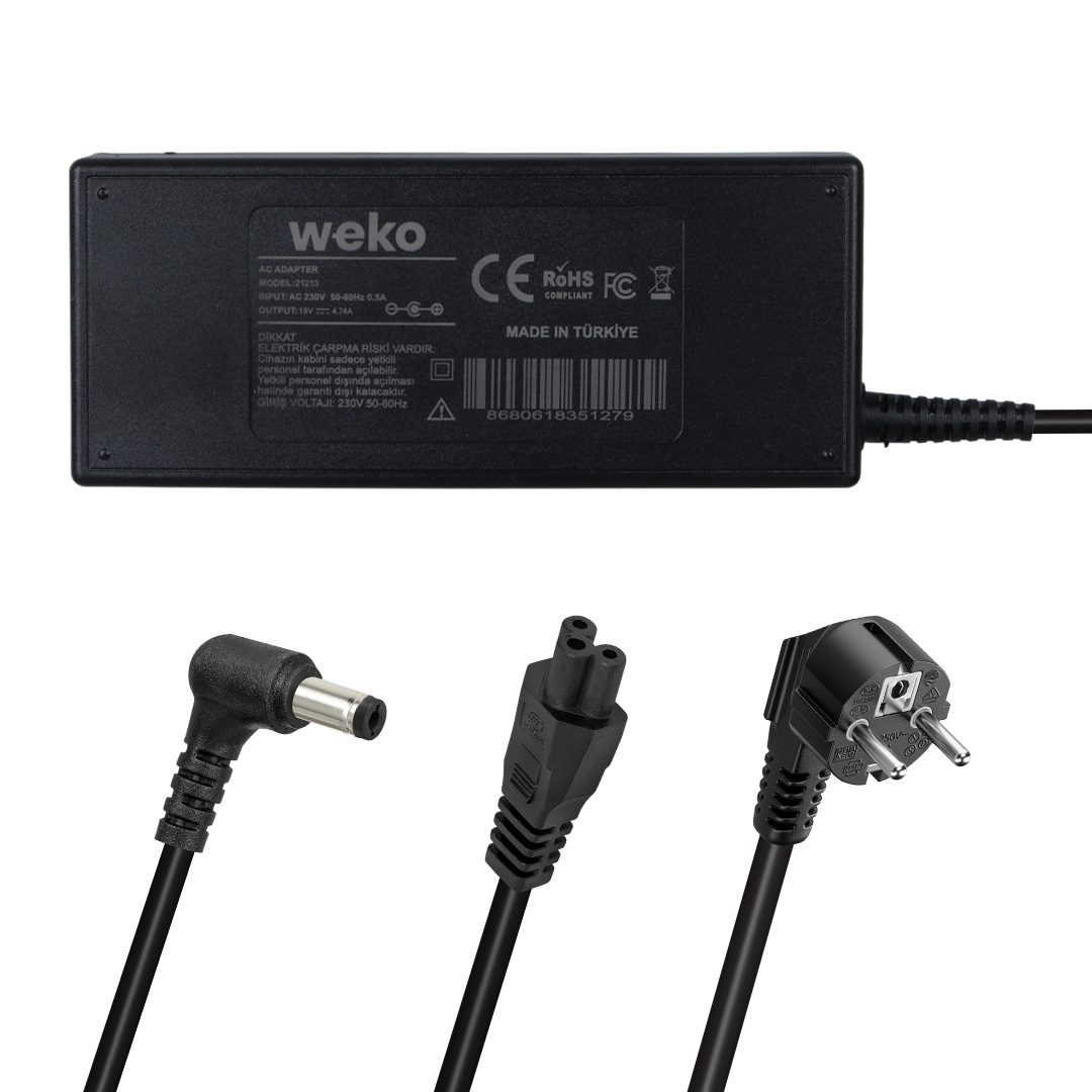 WEKO 19 VOLT - 4.74 AMPER - 90 WATT 5.5*2.5 L UÇLU YERLİ ÜRETİM STANDART NOTEBOOK ADAPTÖR