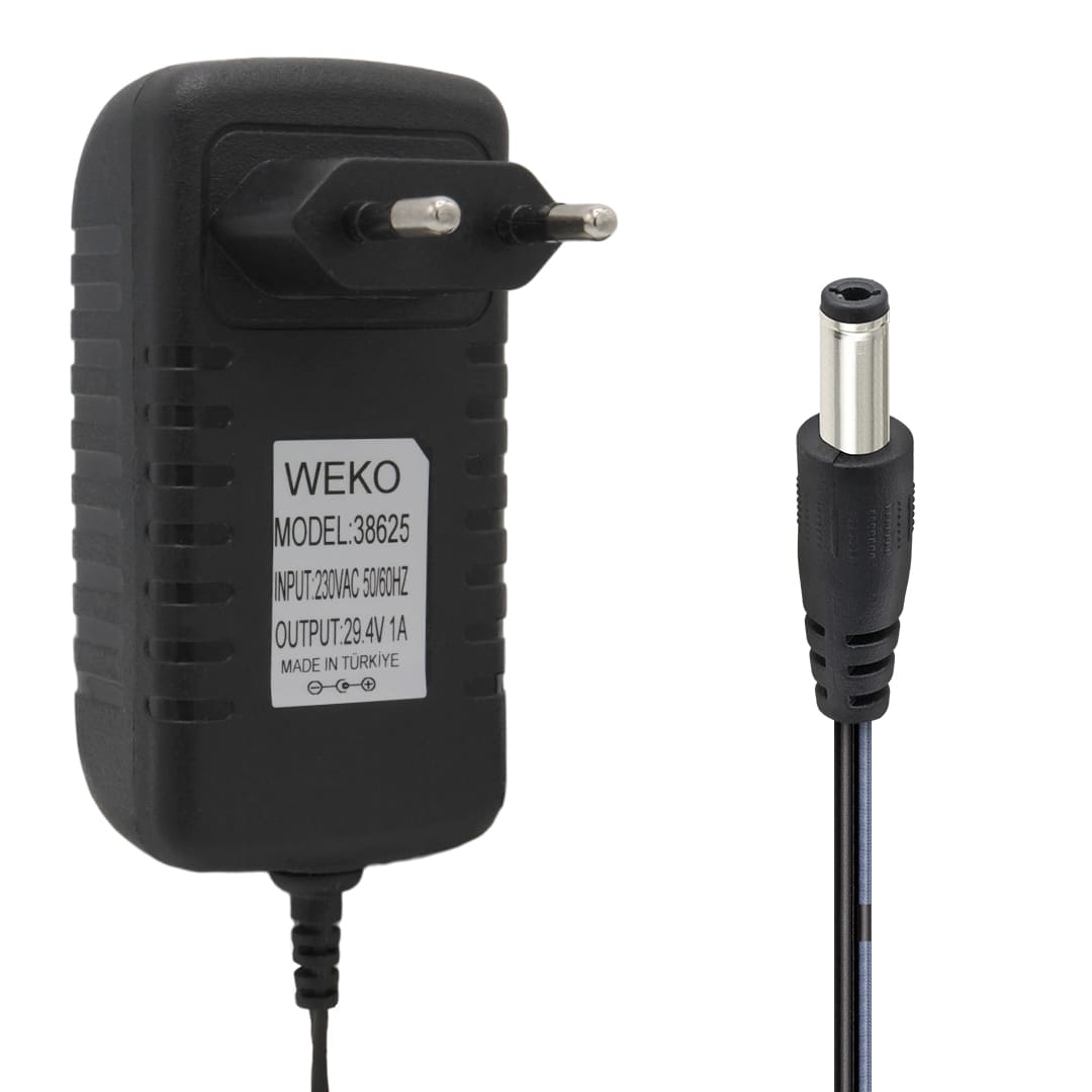 WEKO 29.4 VOLT - 1 AMPER 5.5X2.5MM UÇLU YERLİ ÜRETİM PRİZ TİPİ ADAPTÖR 1.2 METRE UZUNLUK